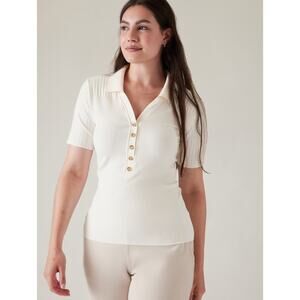 Athleta Ribbed Polo Top XL Ivory Short Sleeve Stretch Button Front